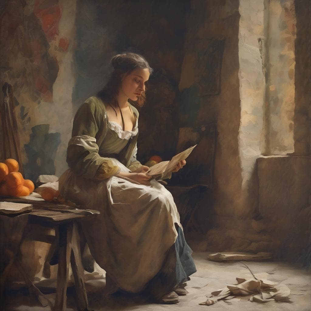 παραδοσιακός εσωτερικός χώρος, γυναίκα διαβάζει γράμμα, εποχής 18ου αιώνα, απομόνωση και διαλογισμός, ιστορική ατμόσφαιρα, έργο τέχνης, προσεγμένη απεικόνιση, συνδιαλέγοντας το χώρο και τον χρόνο.
