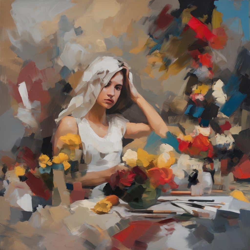 Ο Χώρος ως Συνδιαλεγόμενη Διάσταση, τέχνη και δημιουργική έκφραση, σύγχρονο αφηρημένο πορτρέτο γυναίκας με φόντο πίνακα ζωγραφικής.