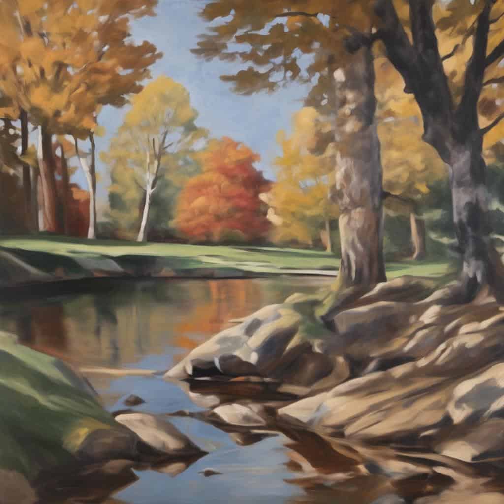 Ζωγραφική τοπίο με δέντρα σε φθινοπωρινά χρώματα και ήρεμο ποτάμι, αναπαριστώντας τον χώρο ως διαλόγου για εξερεύνηση και εμπειρία.