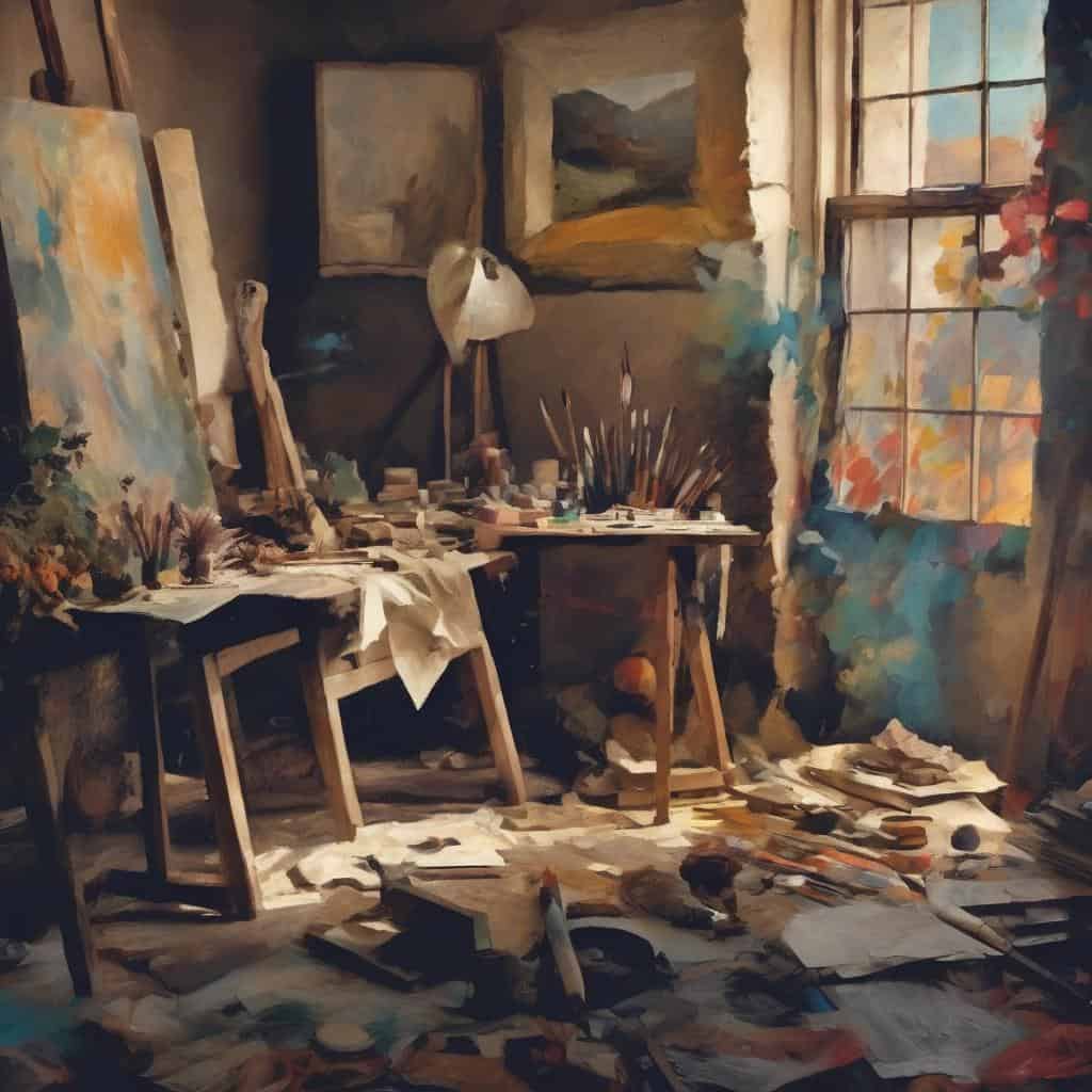 Ζωγράφεία και καλλιτεχνικά εργαλεία σε στούντιο εμπνευσμένης τέχνης.